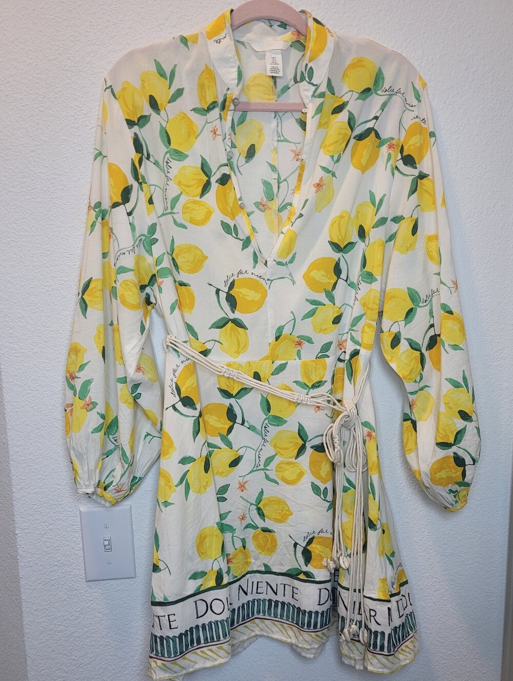 H&M Lemon Print Dolce Far Niente Macrame Mini Dress S Yellow White Euro Trip